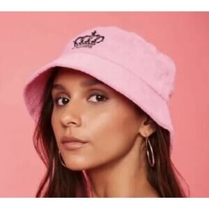 NEW Juicy Couture Pink Velour Bucket Hat Black Embroidery Logo OS